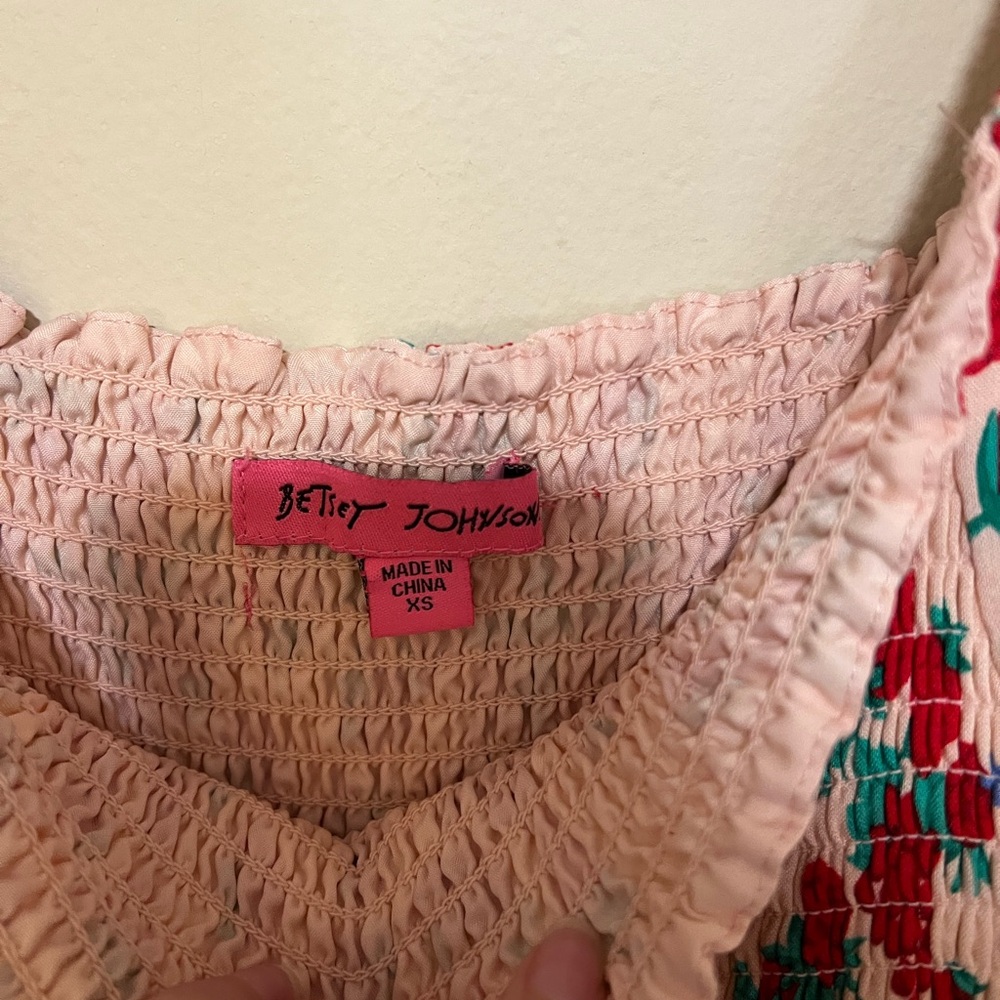 Betsey Johnson Dress XS Strawberry Fields Smocked Tiered Red Pink Cottage - Picture 7 of 12